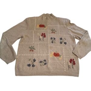 Alfred Dunner Women's Embroidered Fall Granny Mock Neck Sweater Large Autumn